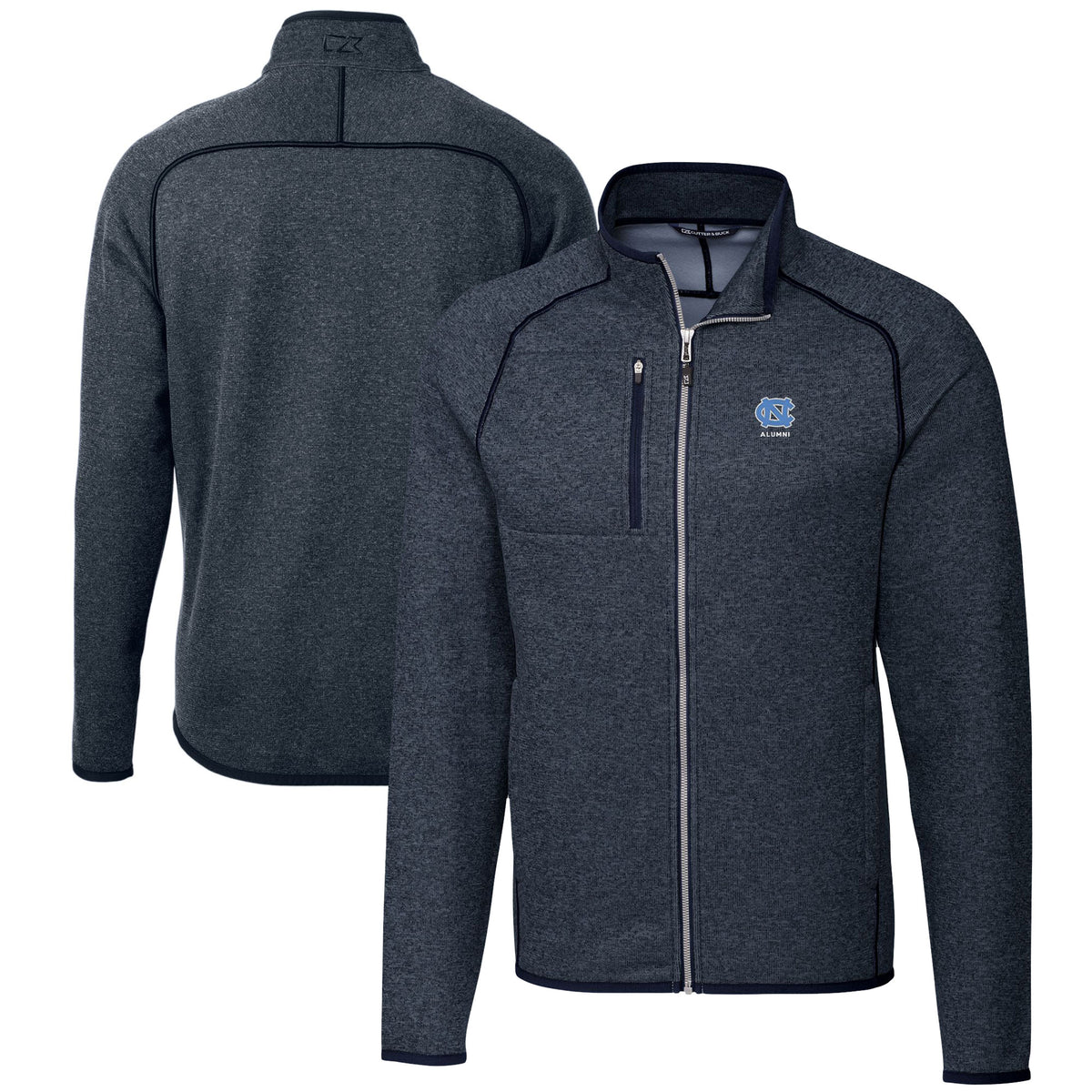 Men's Cutter & Buck  Heather Navy North Carolina Tar Heels Alumni Logo Mainsail Sweater-Knit Full-Zip Jacket