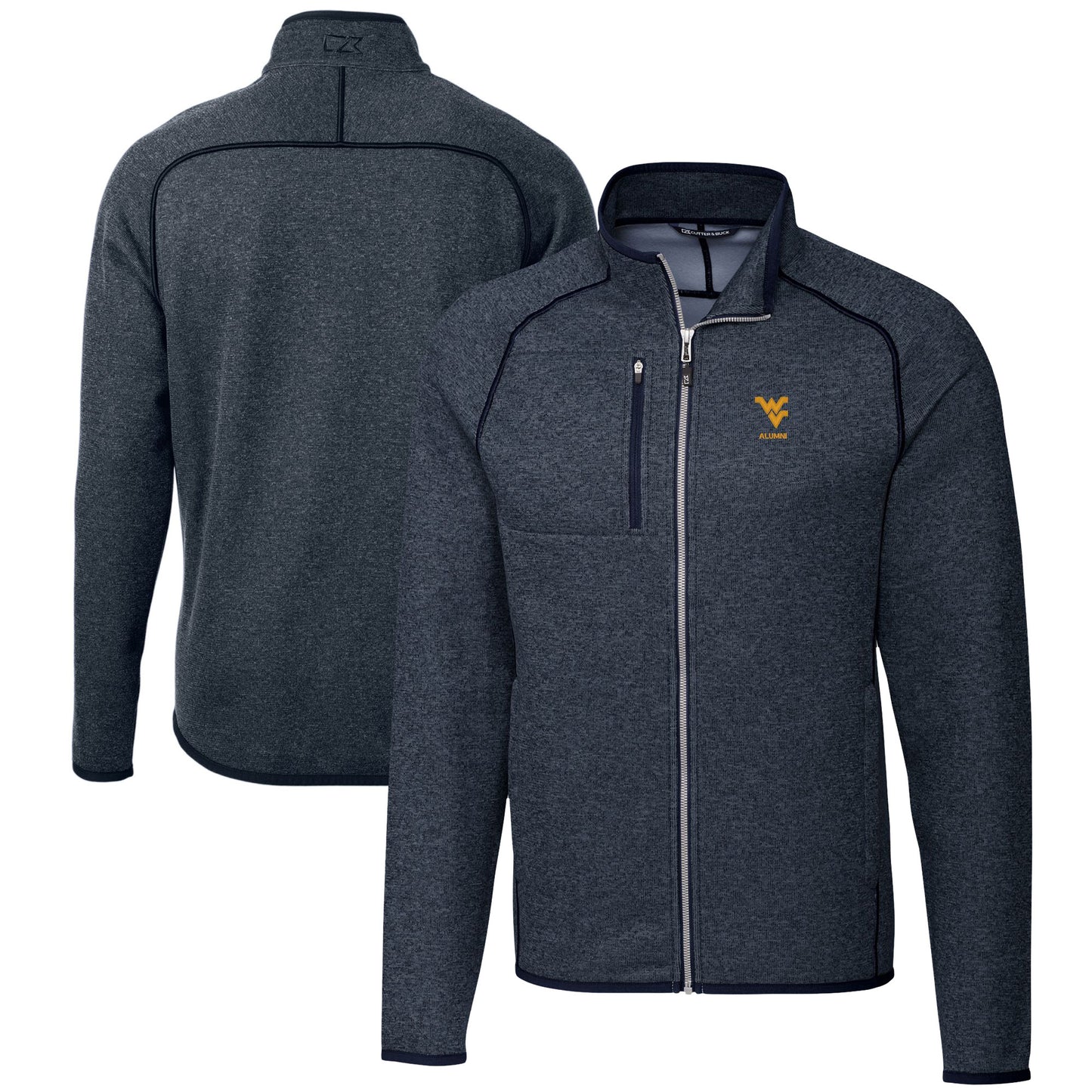 Men's Cutter & Buck  Heather Navy West Virginia Mountaineers Alumni Logo Mainsail Sweater-Knit Full-Zip Jacket