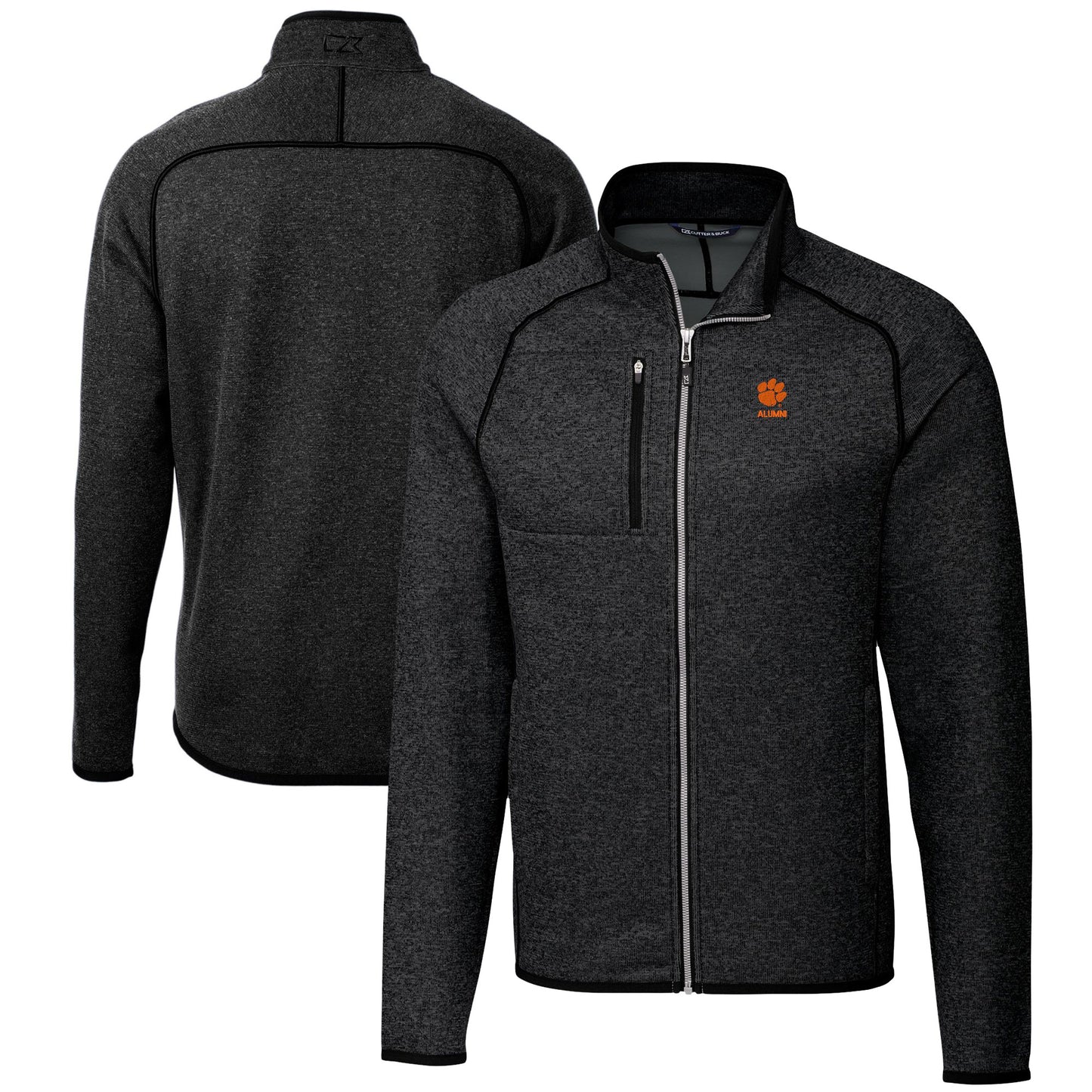 Men's Cutter & Buck  Heather Charcoal Clemson Tigers Alumni Logo Mainsail Sweater-Knit Full-Zip Jacket