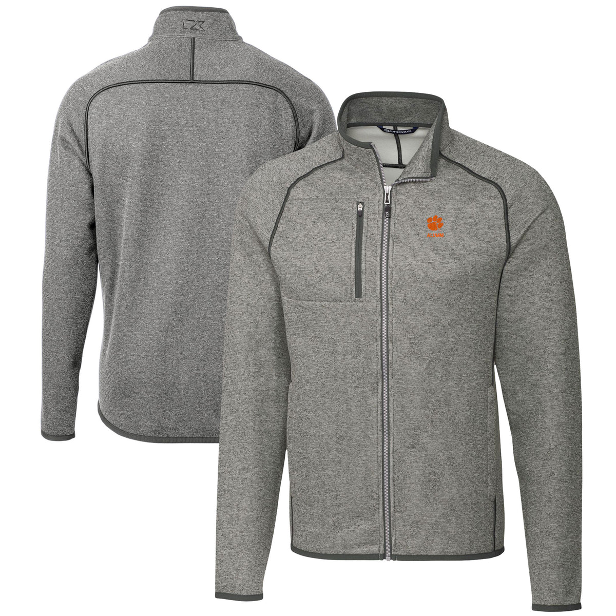 Men's Cutter & Buck  Heather Gray Clemson Tigers Alumni Logo Mainsail Sweater-Knit Full-Zip Jacket
