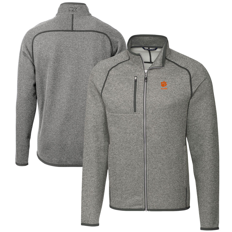 Men's Cutter & Buck  Heather Gray Clemson Tigers Alumni Logo Mainsail Sweater-Knit Full-Zip Jacket