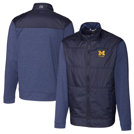 Men's Cutter & Buck Navy Michigan Wolverines Alumni Logo Stealth Hybrid Quilted Full-Zip Windbreaker Jacket