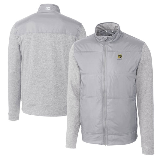 Men's Cutter & Buck Gray Notre Dame Fighting Irish Alumni Logo Stealth Hybrid Quilted Full-Zip Windbreaker Jacket