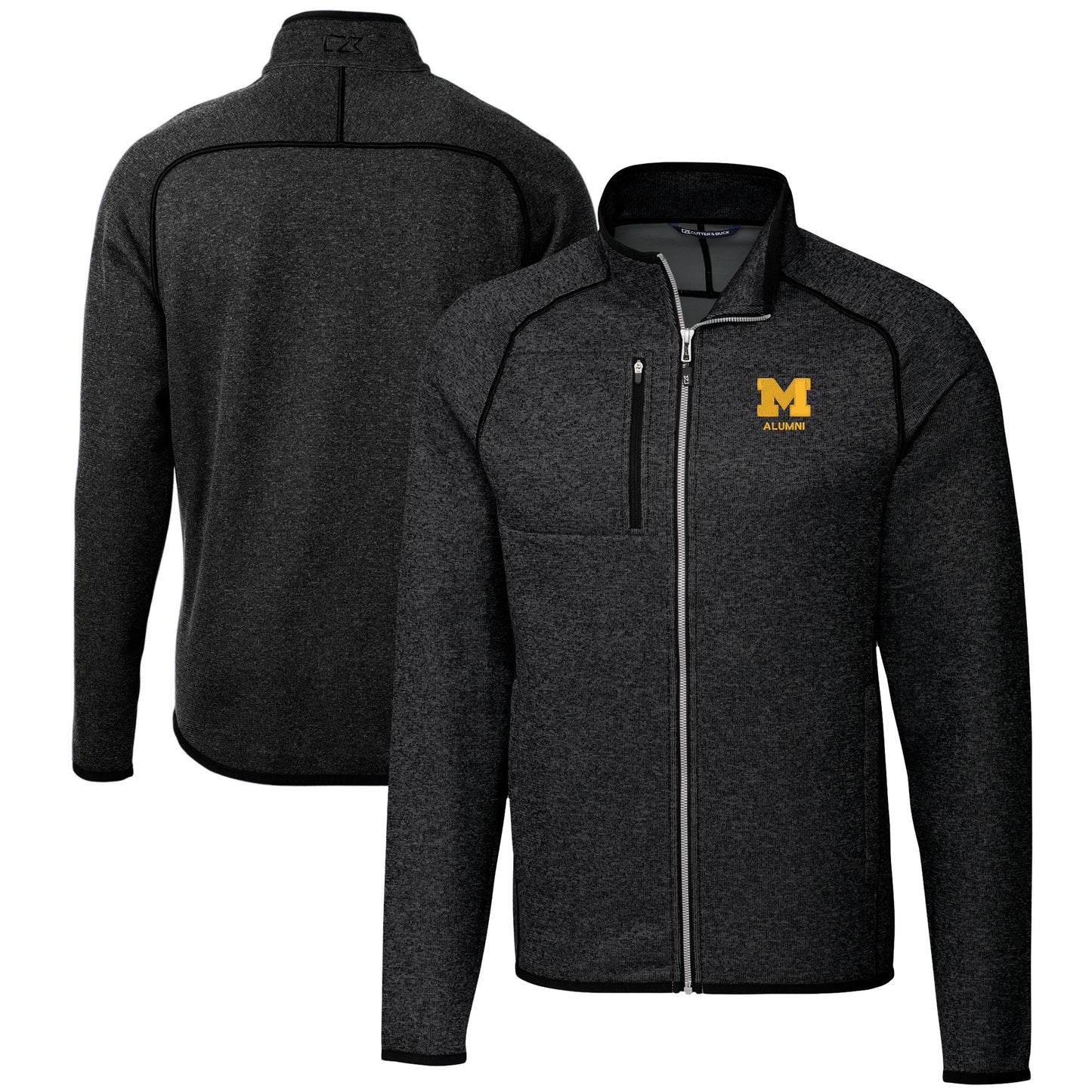 Men's Cutter & Buck  Heather Charcoal Michigan Wolverines Alumni Logo Mainsail Sweater-Knit Full-Zip Jacket