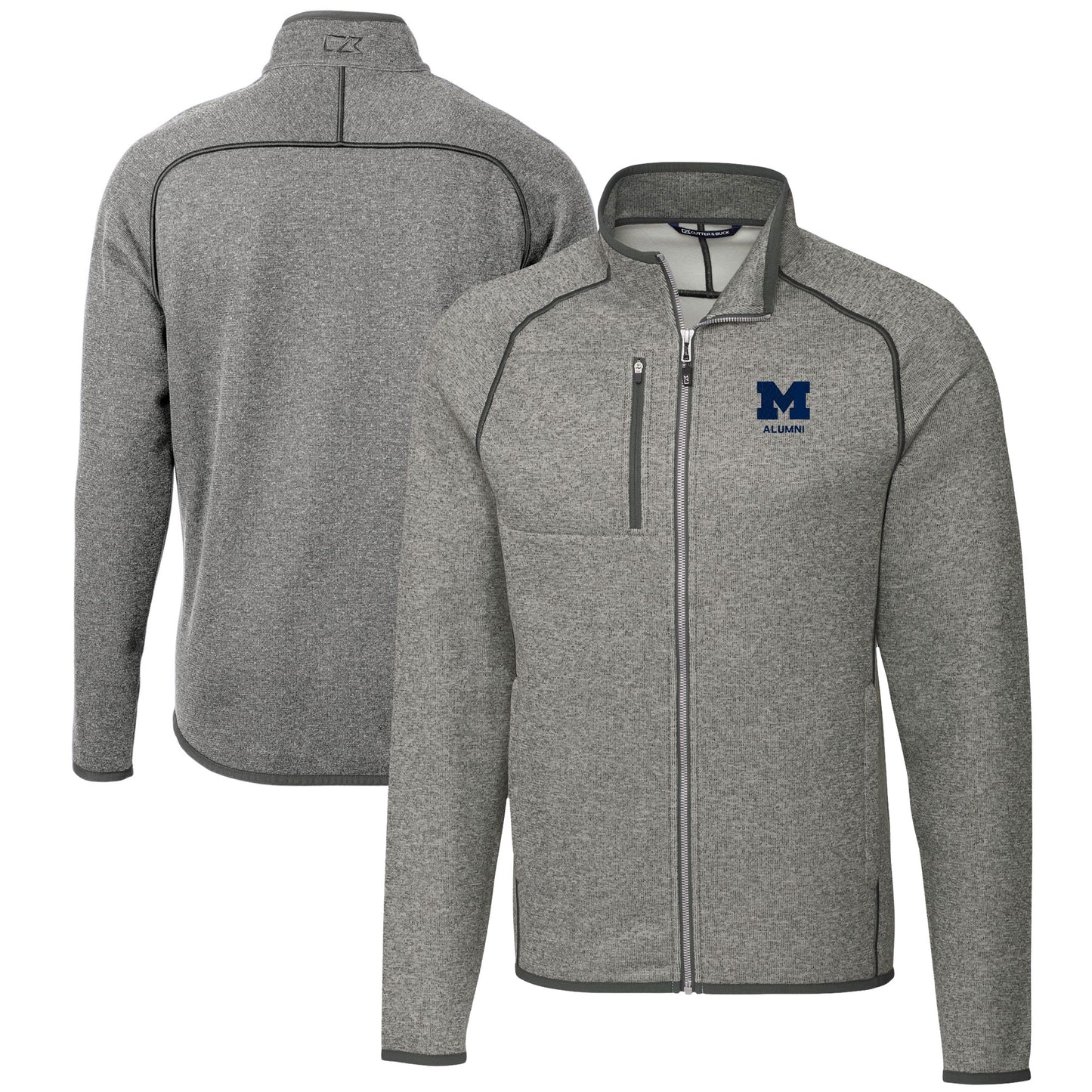 Men's Cutter & Buck  Heather Gray Michigan Wolverines Alumni Logo Mainsail Sweater-Knit Full-Zip Jacket