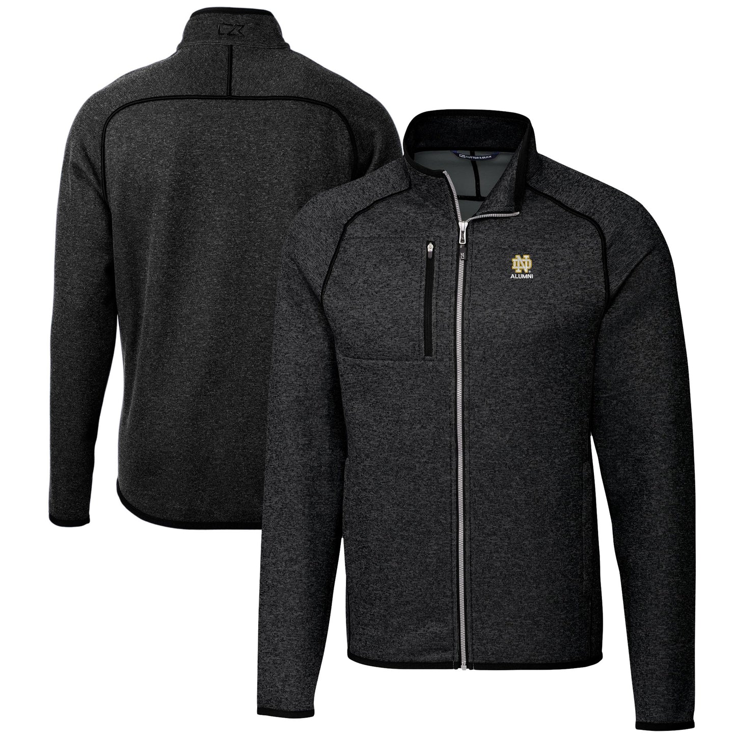 Men's Cutter & Buck  Heather Charcoal Notre Dame Fighting Irish Alumni Logo Mainsail Sweater-Knit Full-Zip Jacket