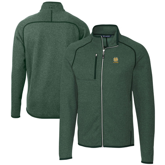 Men's Cutter & Buck  Heather Green Notre Dame Fighting Irish Alumni Logo Mainsail Sweater-Knit Full-Zip Jacket