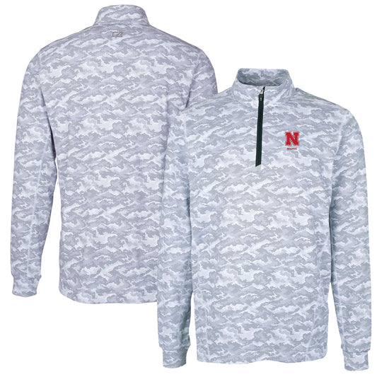 Men's Cutter & Buck  Charcoal Nebraska Huskers Alumni Logo Traverse Camo Print Stretch Quarter-Zip Pullover Top