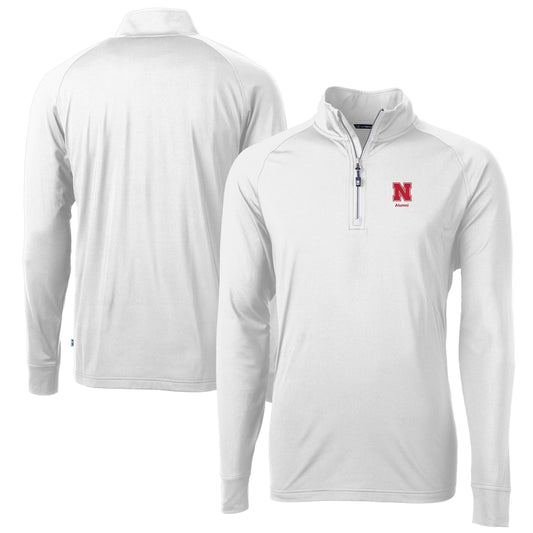 Men's Cutter & Buck  White Nebraska Huskers Alumni Logo Adapt Eco Knit Stretch Recycled Quarter-Zip Pullover Top