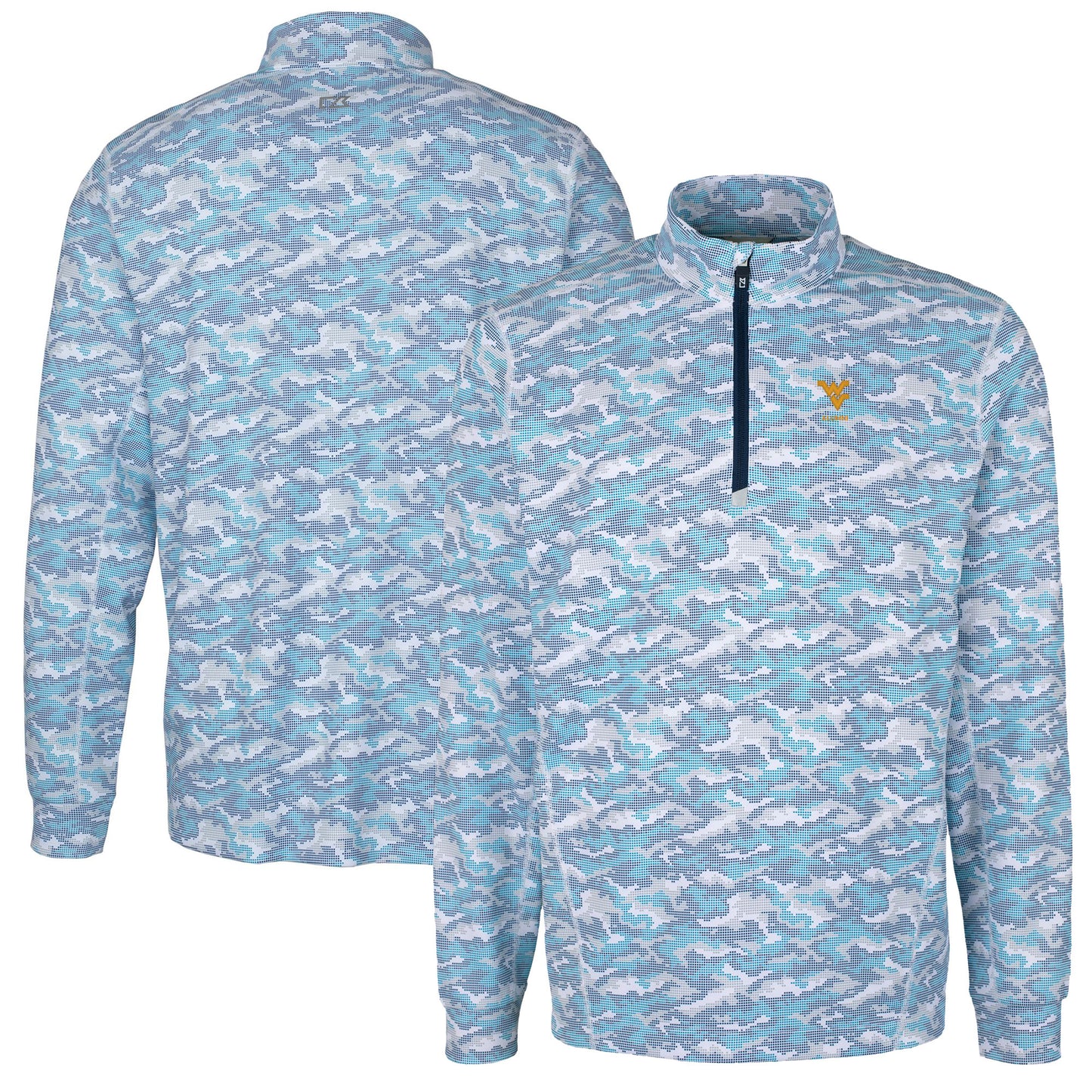 Men's Cutter & Buck  Navy West Virginia Mountaineers Alumni Logo Traverse Camo Print Stretch Quarter-Zip Pullover Top