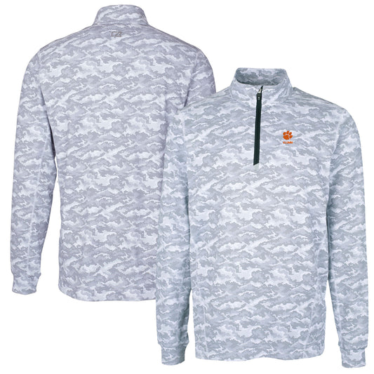 Men's Cutter & Buck  Charcoal Clemson Tigers Alumni Logo Traverse Camo Print Stretch Quarter-Zip Pullover Top