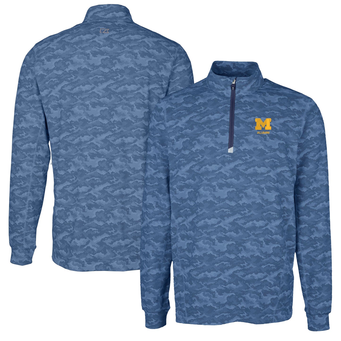 Men's Cutter & Buck  Navy Michigan Wolverines Alumni Logo Traverse Camo Print Stretch Quarter-Zip Pullover Top