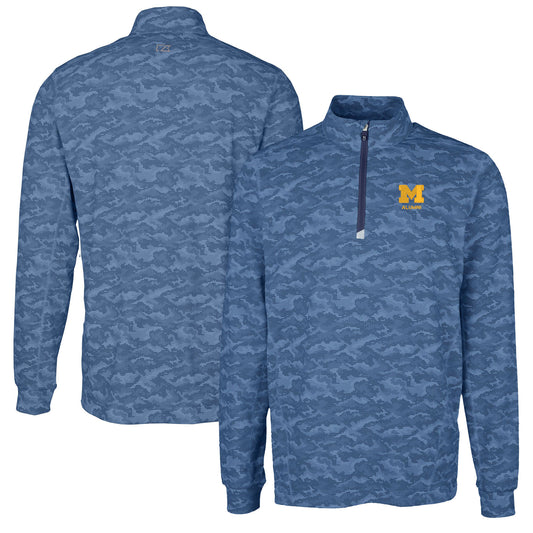 Men's Cutter & Buck  Navy Michigan Wolverines Alumni Logo Traverse Camo Print Stretch Quarter-Zip Pullover Top