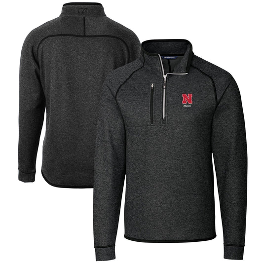 Men's Cutter & Buck  Heather Charcoal Nebraska Huskers Alumni Logo Mainsail Sweater-Knit Half-Zip Pullover Jacket