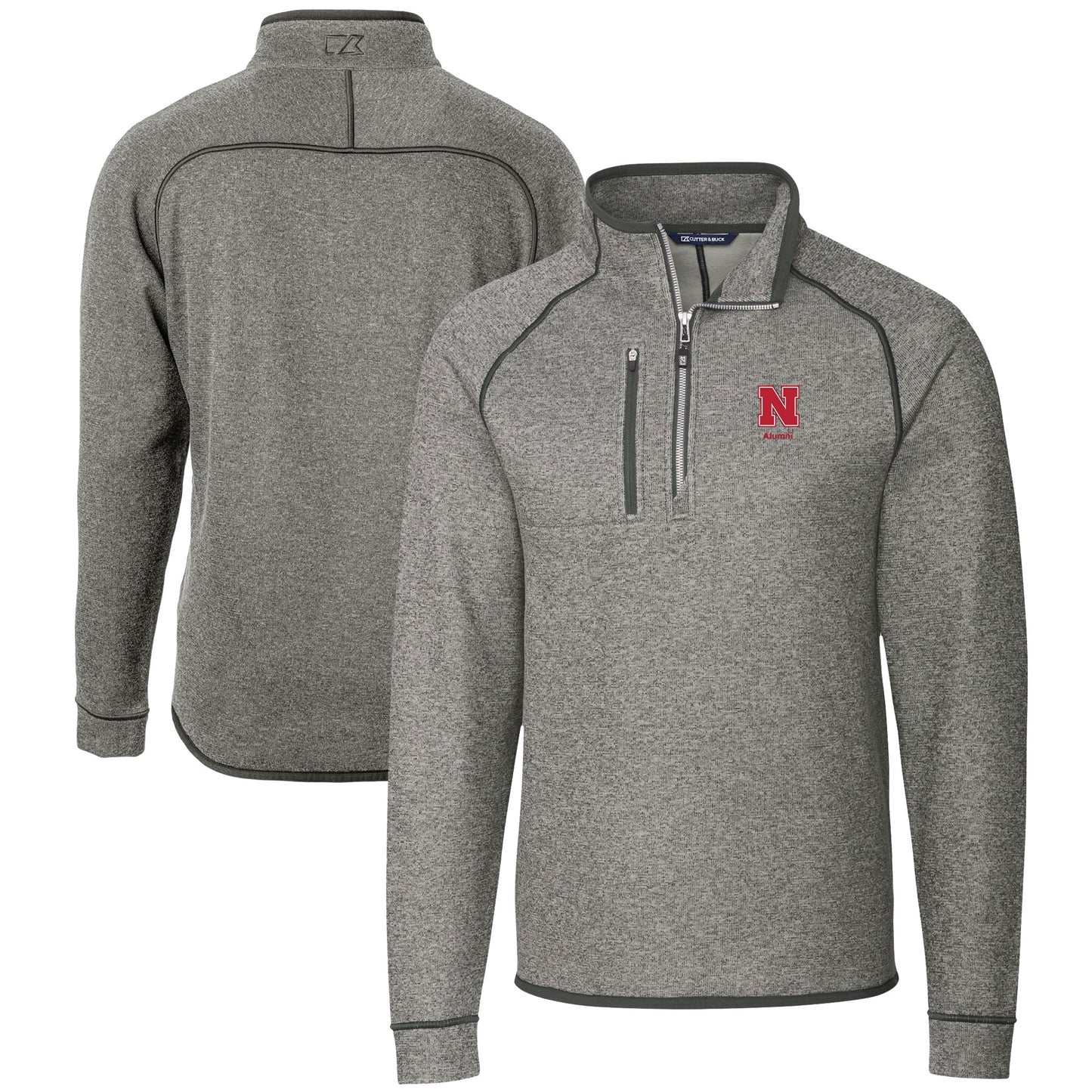 Men's Cutter & Buck  Heather Gray Nebraska Huskers Alumni Logo Mainsail Sweater-Knit Half-Zip Pullover Jacket