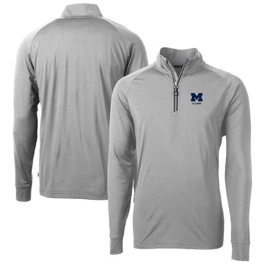Men's Cutter & Buck  Gray Michigan Wolverines Alumni Logo Adapt Eco Knit Stretch Recycled Quarter-Zip Pullover Top