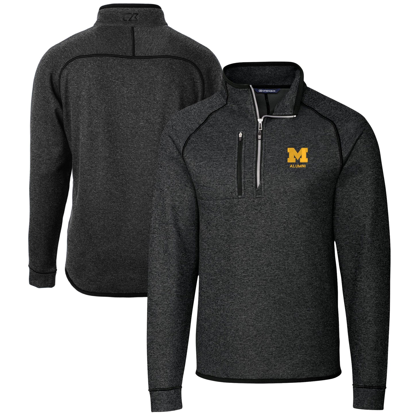 Men's Cutter & Buck  Heather Charcoal Michigan Wolverines Alumni Logo Mainsail Sweater-Knit Half-Zip Pullover Jacket