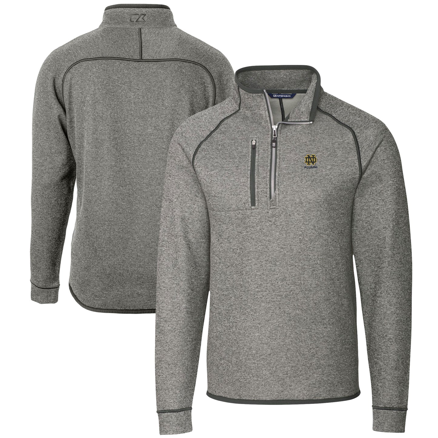 Men's Cutter & Buck  Heather Gray Notre Dame Fighting Irish Alumni Logo Mainsail Sweater-Knit Half-Zip Pullover Jacket