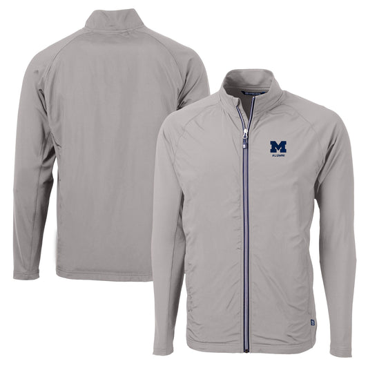 Men's Cutter & Buck  Gray Michigan Wolverines Alumni Logo Adapt Eco Knit Hybrid Recycled Full-Zip Jacket