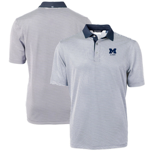 Men's Cutter & Buck  Navy Michigan Wolverines Alumni Logo Virtue Eco Pique Micro Stripe Recycled Polo