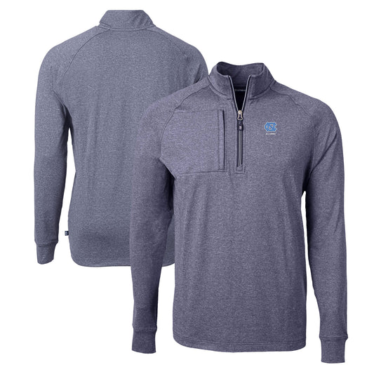 Men's Cutter & Buck  Heather Navy North Carolina Tar Heels Alumni Logo Adapt Eco Knit Heathered Recycled Quarter-Zip Pullover Top