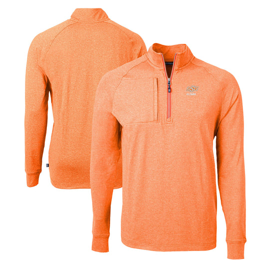 Men's Cutter & Buck  Heather Orange Oklahoma State Cowboys Alumni Logo Adapt Eco Knit Heathered Recycled Quarter-Zip Pullover Top
