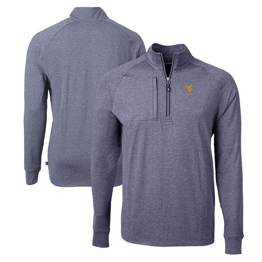 Men's Cutter & Buck  Heather Navy West Virginia Mountaineers Alumni Logo Adapt Eco Knit Heathered Recycled Quarter-Zip Pullover Top