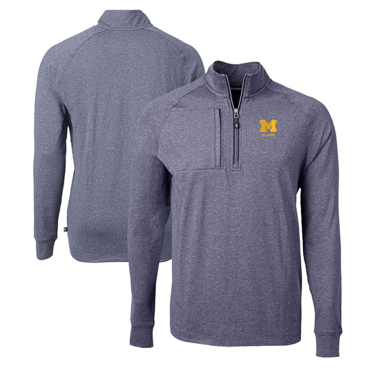 Men's Cutter & Buck  Heather Navy Michigan Wolverines Alumni Logo Adapt Eco Knit Heathered Recycled Quarter-Zip Pullover Top