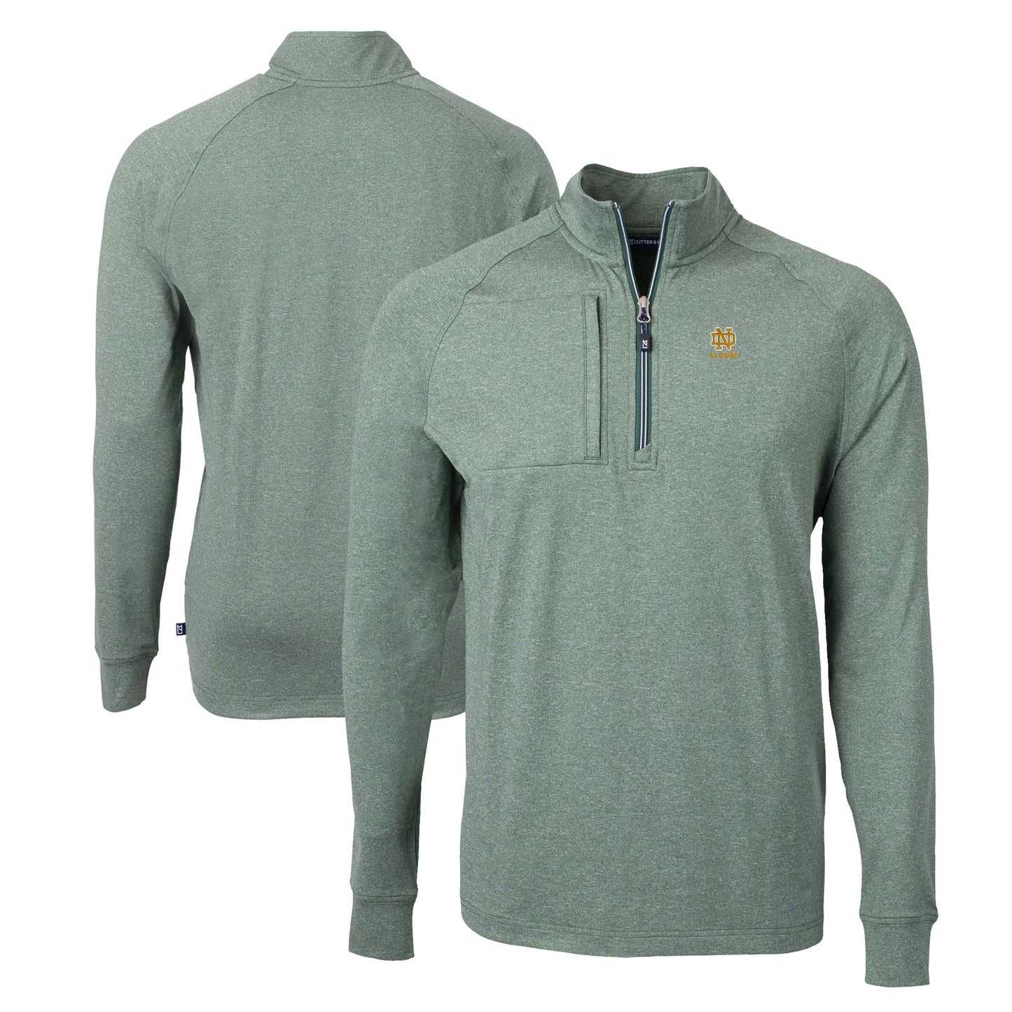Men's Cutter & Buck  Heather Green Notre Dame Fighting Irish Alumni Logo Adapt Eco Knit Heathered Recycled Quarter-Zip Pullover Top