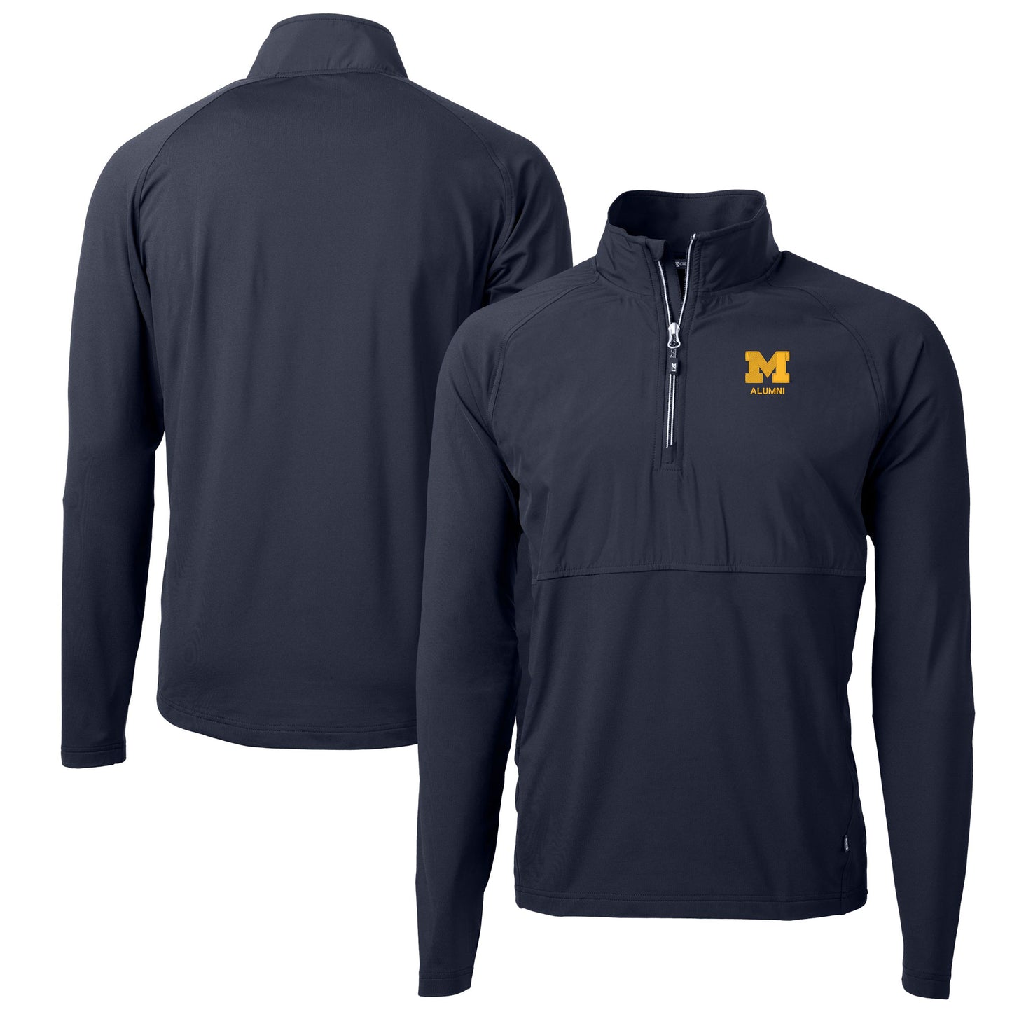 Men's Cutter & Buck  Navy Michigan Wolverines Alumni Logo Adapt Eco Knit Hybrid Recycled Quarter-Zip Pullover Top