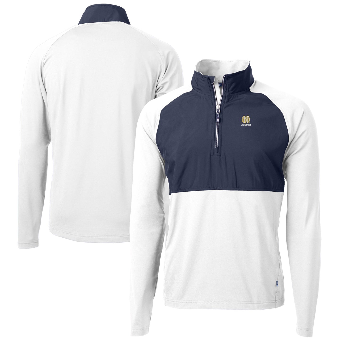 Men's Cutter & Buck  White Notre Dame Fighting Irish Alumni Logo Adapt Eco Knit Hybrid Recycled Quarter-Zip Pullover Top