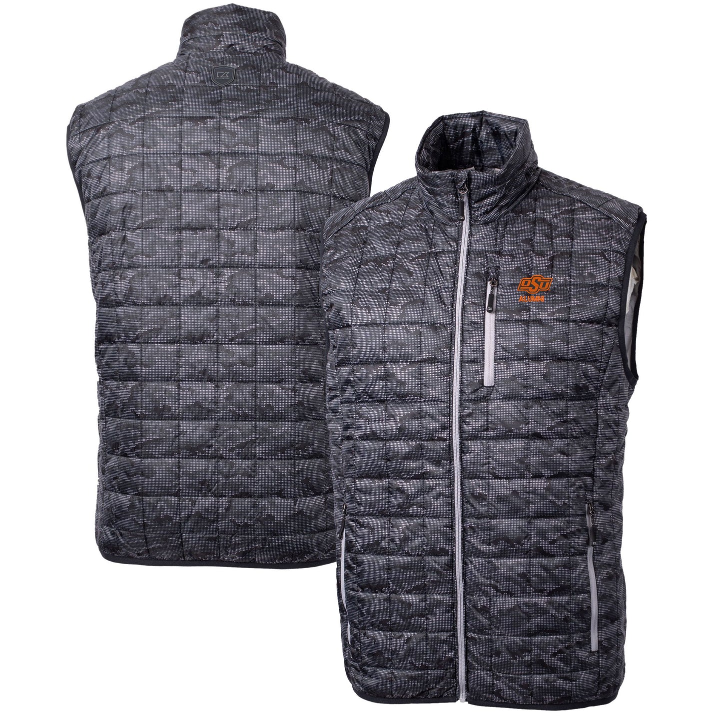 Men's Cutter & Buck  Black Oklahoma State Cowboys Alumni Logo Rainier PrimaLoft Eco Insulated Full-Zip Puffer Vest