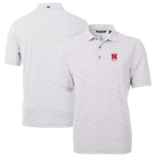 Men's Cutter & Buck  Gray Nebraska Huskers Alumni Logo DryTec Virtue Eco Pique Botanical Print Recycled Polo