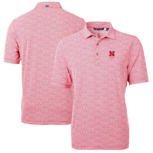 Men's Cutter & Buck  Scarlet Nebraska Huskers Alumni Logo DryTec Virtue Eco Pique Botanical Print Recycled Polo