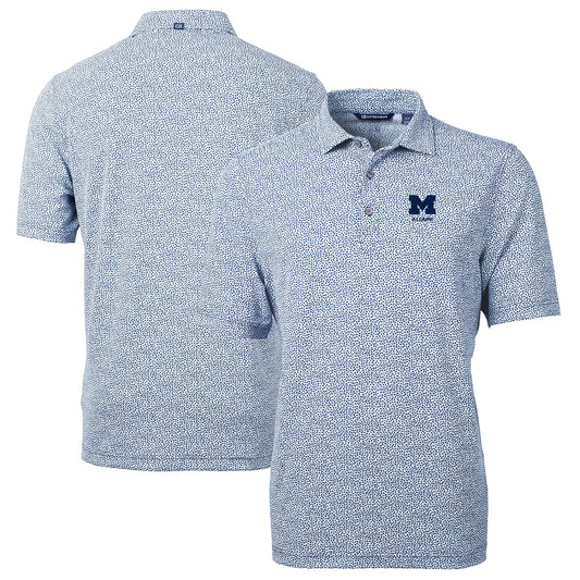 Men's Cutter & Buck  Navy Michigan Wolverines Alumni Logo DryTec Virtue Eco Pique Botanical Print Recycled Polo
