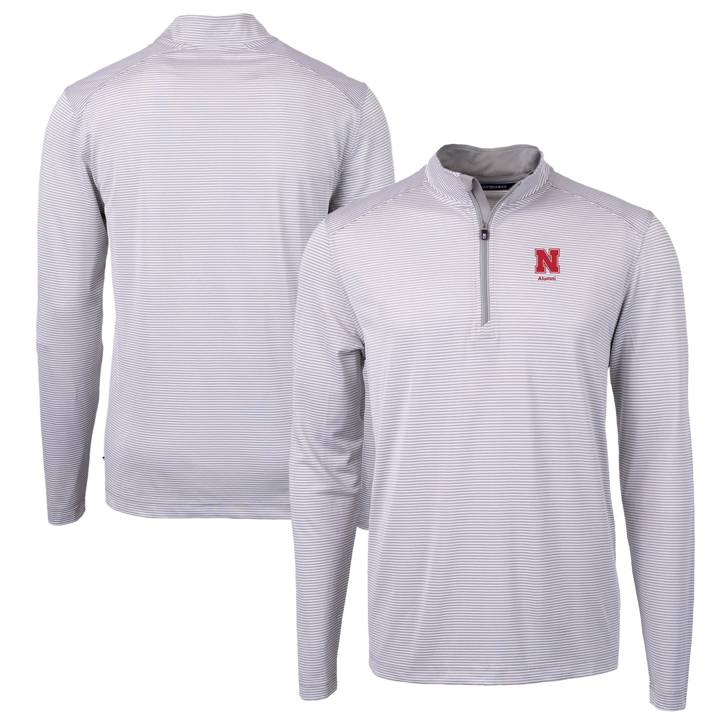 Men's Cutter & Buck  Gray Nebraska Huskers Alumni Logo DryTec Virtue Eco Pique Micro Stripe Recycled Quarter-Zip Pullover Top