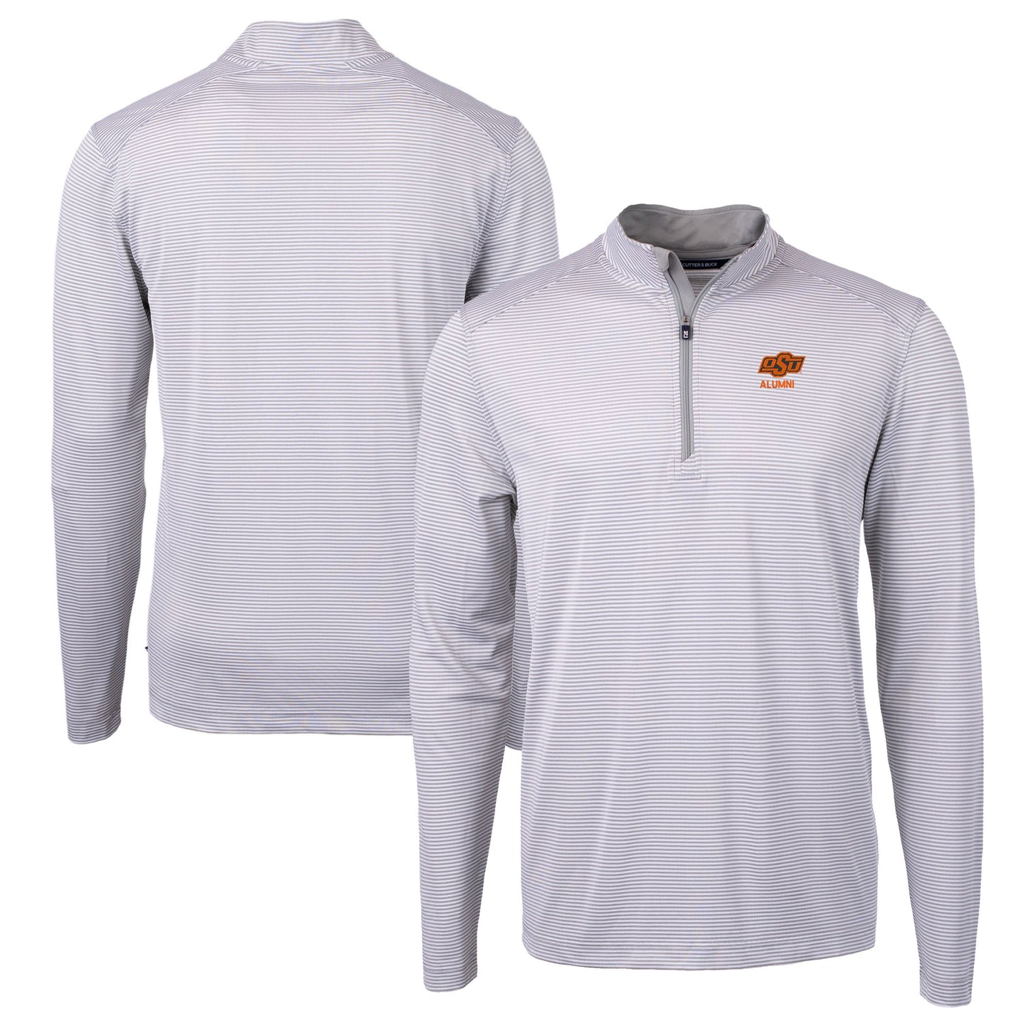 Men's Cutter & Buck  Gray Oklahoma State Cowboys Alumni Logo DryTec Virtue Eco Pique Micro Stripe Recycled Quarter-Zip Pullover Top