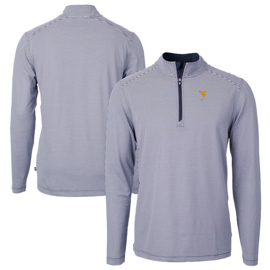 Men's Cutter & Buck  Navy West Virginia Mountaineers Alumni Logo DryTec Virtue Eco Pique Micro Stripe Recycled Quarter-Zip Pullover Top