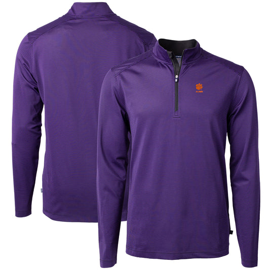 Men's Cutter & Buck  Purple Clemson Tigers Alumni Logo DryTec Virtue Eco Pique Micro Stripe Recycled Quarter-Zip Pullover Top