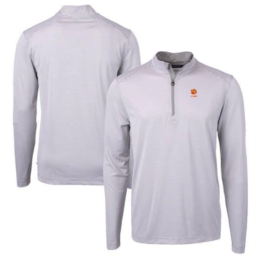 Men's Cutter & Buck  Gray Clemson Tigers Alumni Logo DryTec Virtue Eco Pique Micro Stripe Recycled Quarter-Zip Pullover Top