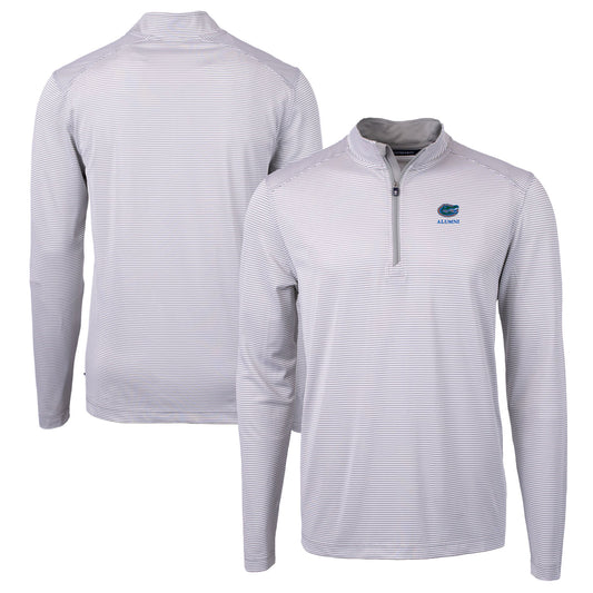 Men's Cutter & Buck  Gray Florida Gators Alumni Logo DryTec Virtue Eco Pique Micro Stripe Recycled Quarter-Zip Pullover Top