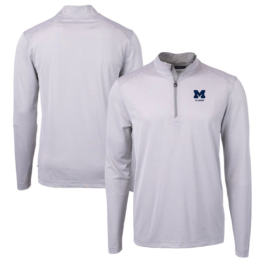 Men's Cutter & Buck  Gray Michigan Wolverines Alumni Logo DryTec Virtue Eco Pique Micro Stripe Recycled Quarter-Zip Pullover Top