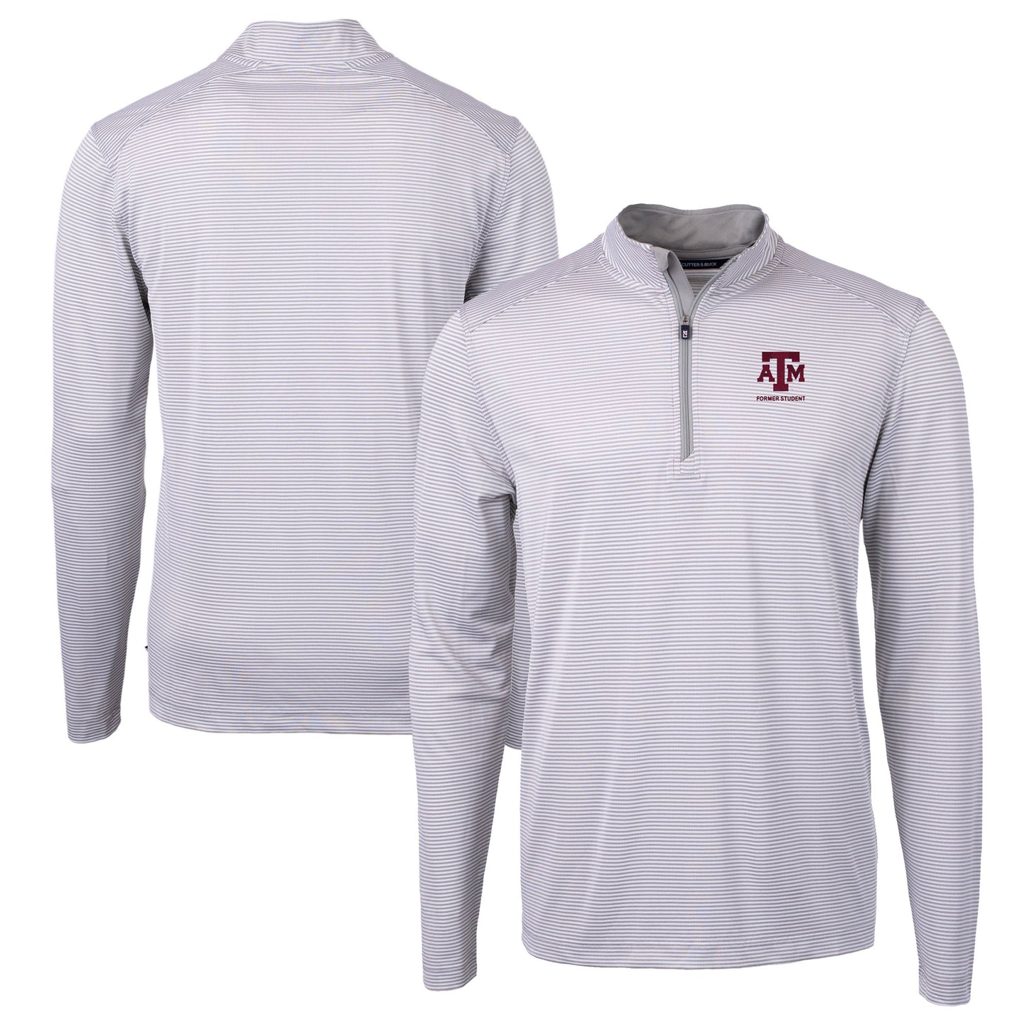 Men's Cutter & Buck  Gray Texas A&M Aggies Alumni Logo DryTec Virtue Eco Pique Micro Stripe Recycled Quarter-Zip Pullover Top