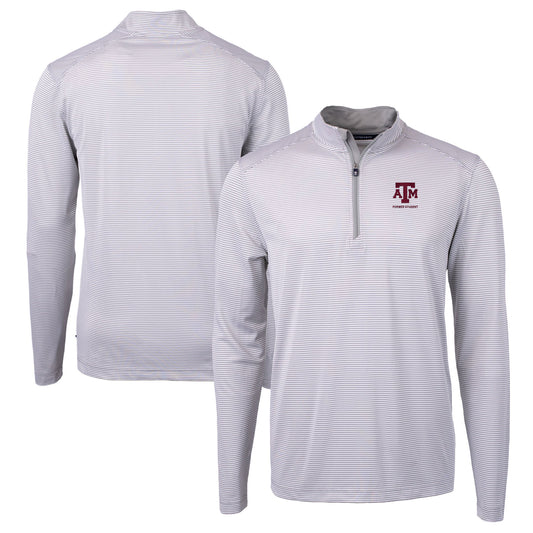 Men's Cutter & Buck  Gray Texas A&M Aggies Alumni Logo DryTec Virtue Eco Pique Micro Stripe Recycled Quarter-Zip Pullover Top