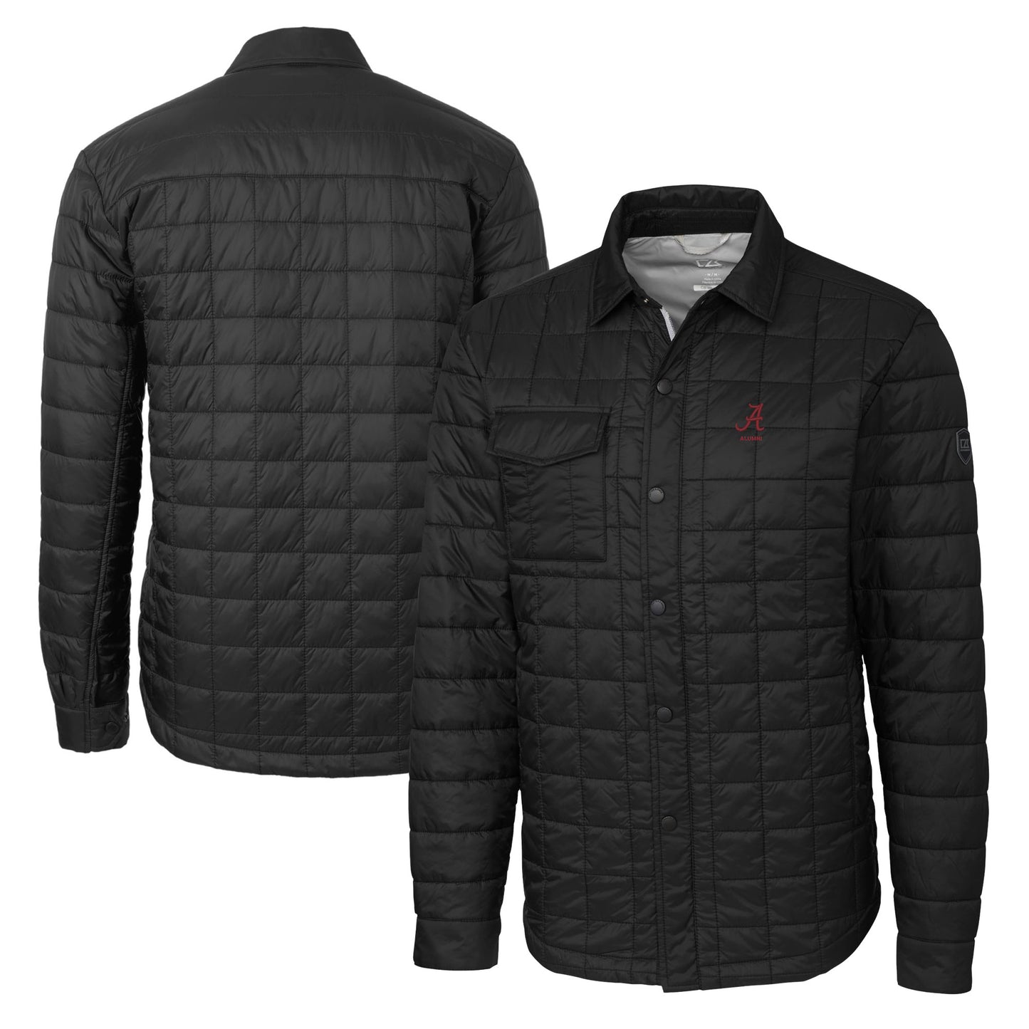 Men's Cutter & Buck  Black Alabama Crimson Tide Alumni Logo Rainier PrimaLoft Eco Insulated Quilted Button-Up Shacket