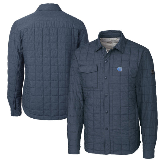 Men's Cutter & Buck  Anthracite North Carolina Tar Heels Alumni Logo Rainier PrimaLoft Eco Insulated Quilted Button-Up Shacket