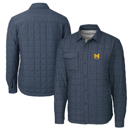 Men's Cutter & Buck  Anthracite Michigan Wolverines Alumni Logo Rainier PrimaLoft Eco Insulated Quilted Button-Up Shacket
