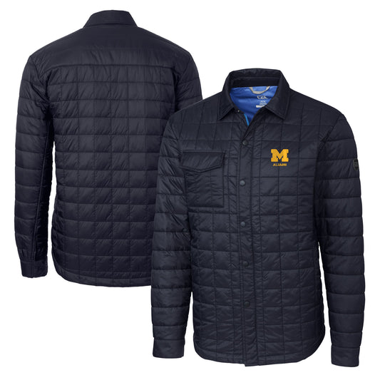 Men's Cutter & Buck  Navy Michigan Wolverines Alumni Logo Rainier PrimaLoft Eco Insulated Quilted Button-Up Shacket