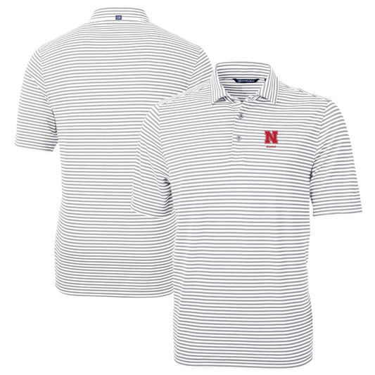 Men's Cutter & Buck  Gray Nebraska Huskers Alumni Logo Virtue Eco Pique Stripe Recycled Polo