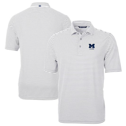 Men's Cutter & Buck  Gray Michigan Wolverines Alumni Logo Virtue Eco Pique Stripe Recycled Polo